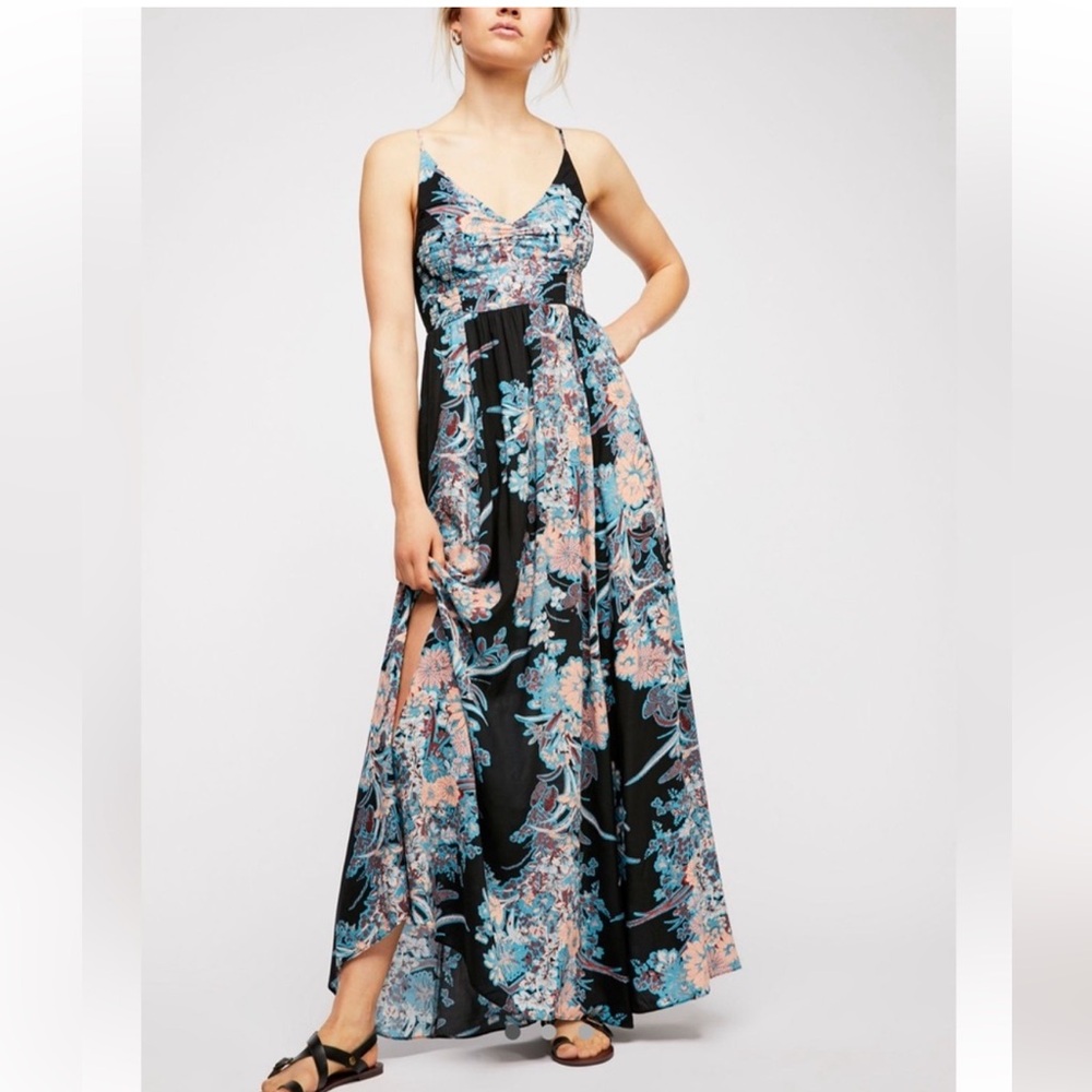 Free People XS Through The Vine Floral Smocked Side Slit Maxi Dress NWOT
